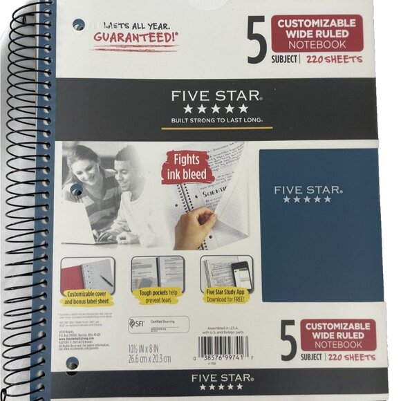 Five Star Other - Five Star Spiral Notebook 5 Subject Customizable Wide Ruled 220 Sheets